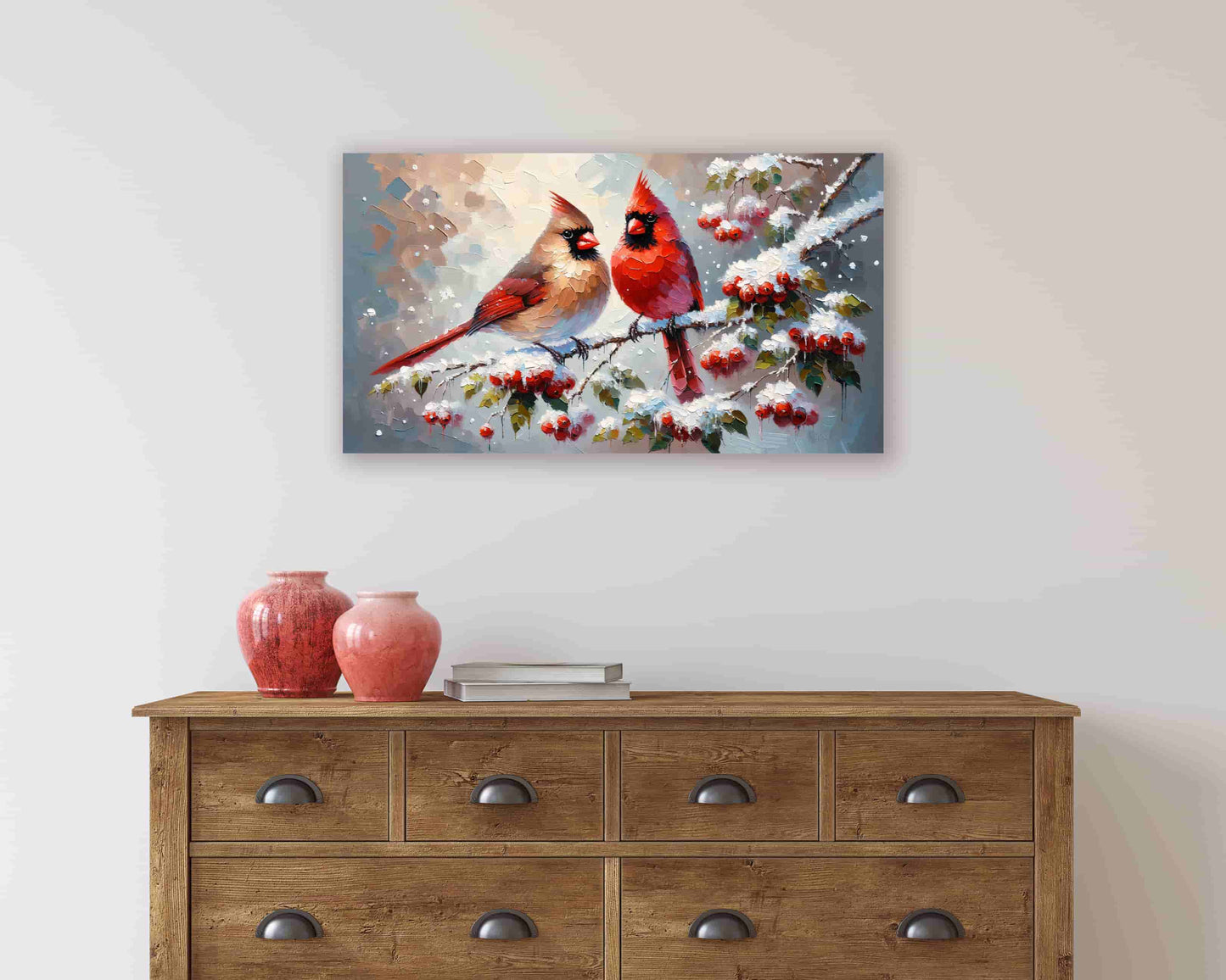 "Whispering Winter's Song - Cardinal Pair on Snow-Dusted Berries" Wrapped Canvas Wall art prints