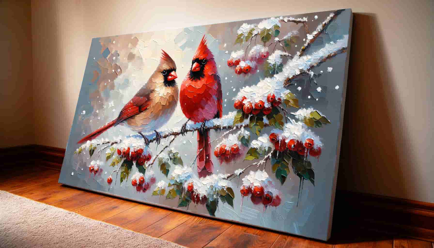 "Whispering Winter's Song - Cardinal Pair on Snow-Dusted Berries" Wrapped Canvas Wall art prints