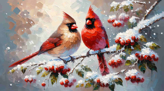 "Whispering Winter's Song - Cardinal Pair on Snow-Dusted Berries" Wrapped Canvas Wall art prints