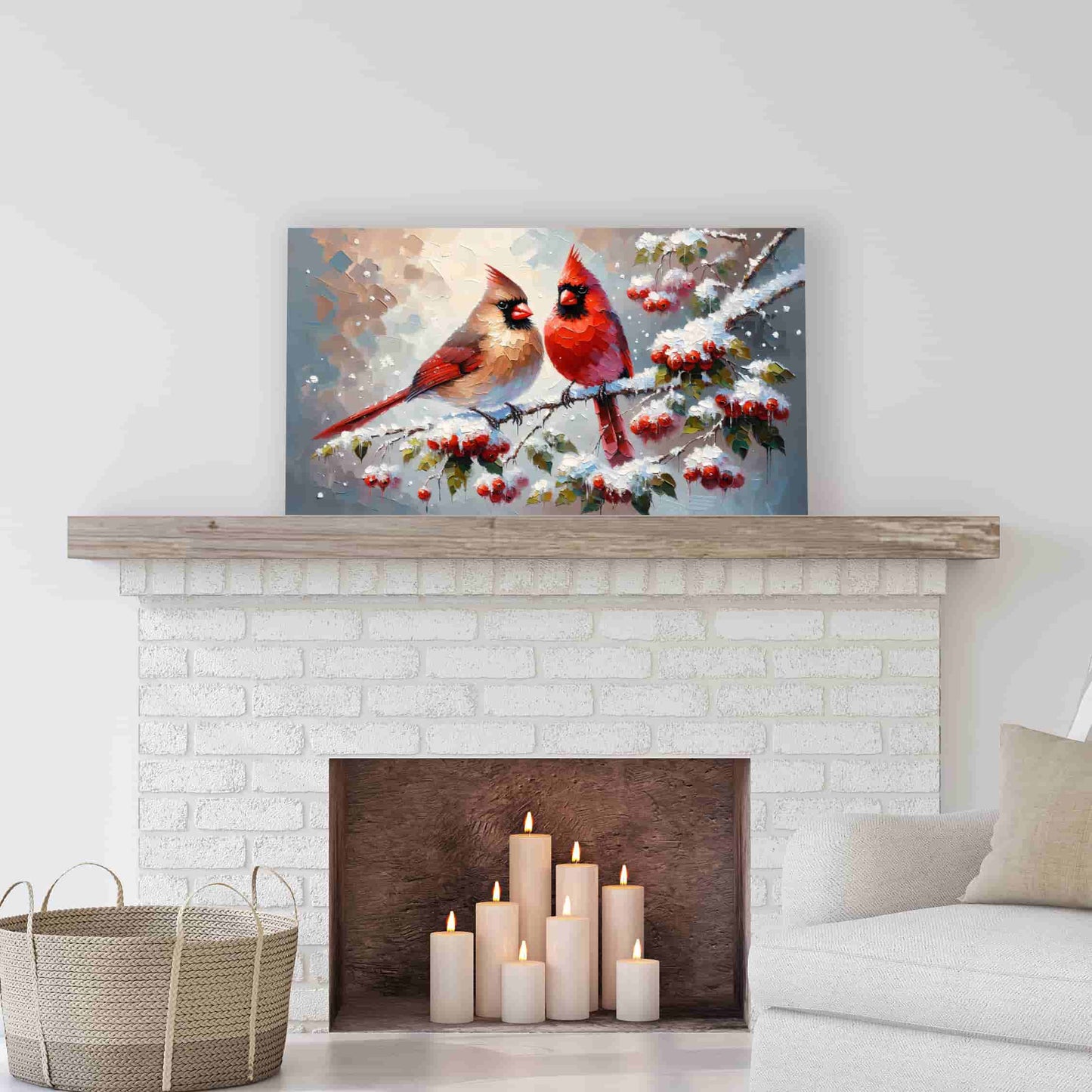 "Whispering Winter's Song - Cardinal Pair on Snow-Dusted Berries" Wrapped Canvas Wall art prints