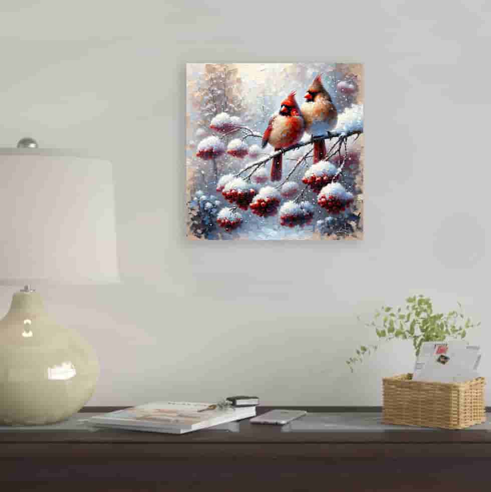 "Frosted Serenade - Cardinals in Winter Harmony" Wrapped Canvas Wall Art Prints
