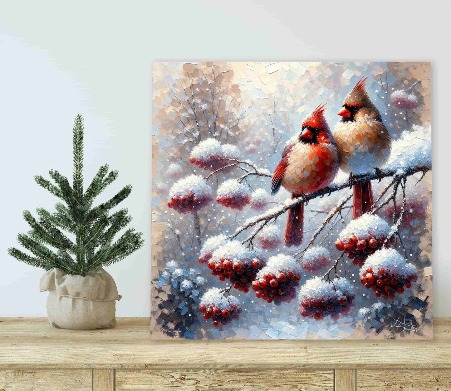 "Frosted Serenade - Cardinals in Winter Harmony" Wrapped Canvas Wall Art Prints