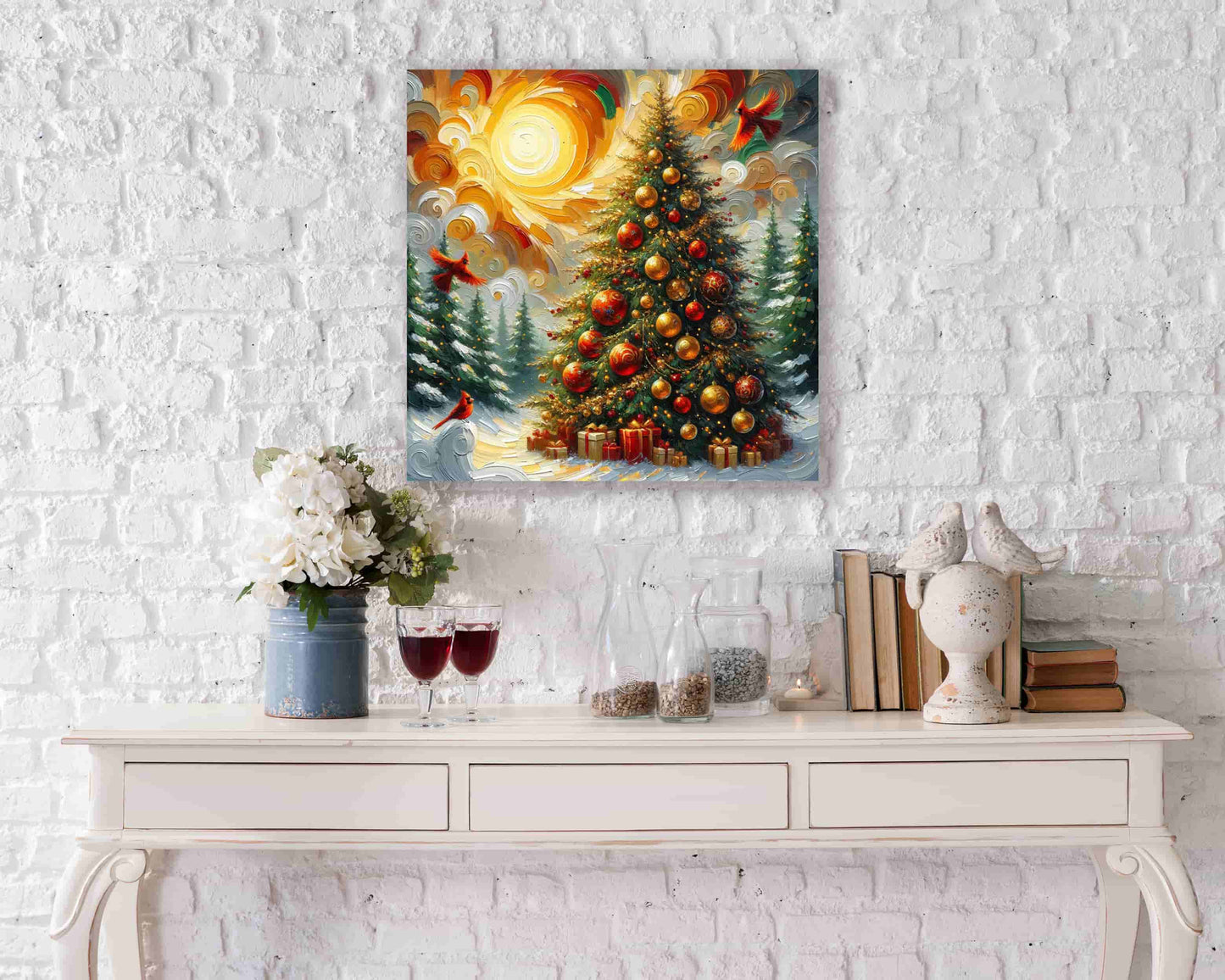 "Radiant Yuletide Morning - Cardinals and Christmas Tree" Wrapped Canvas Wall Art Prints