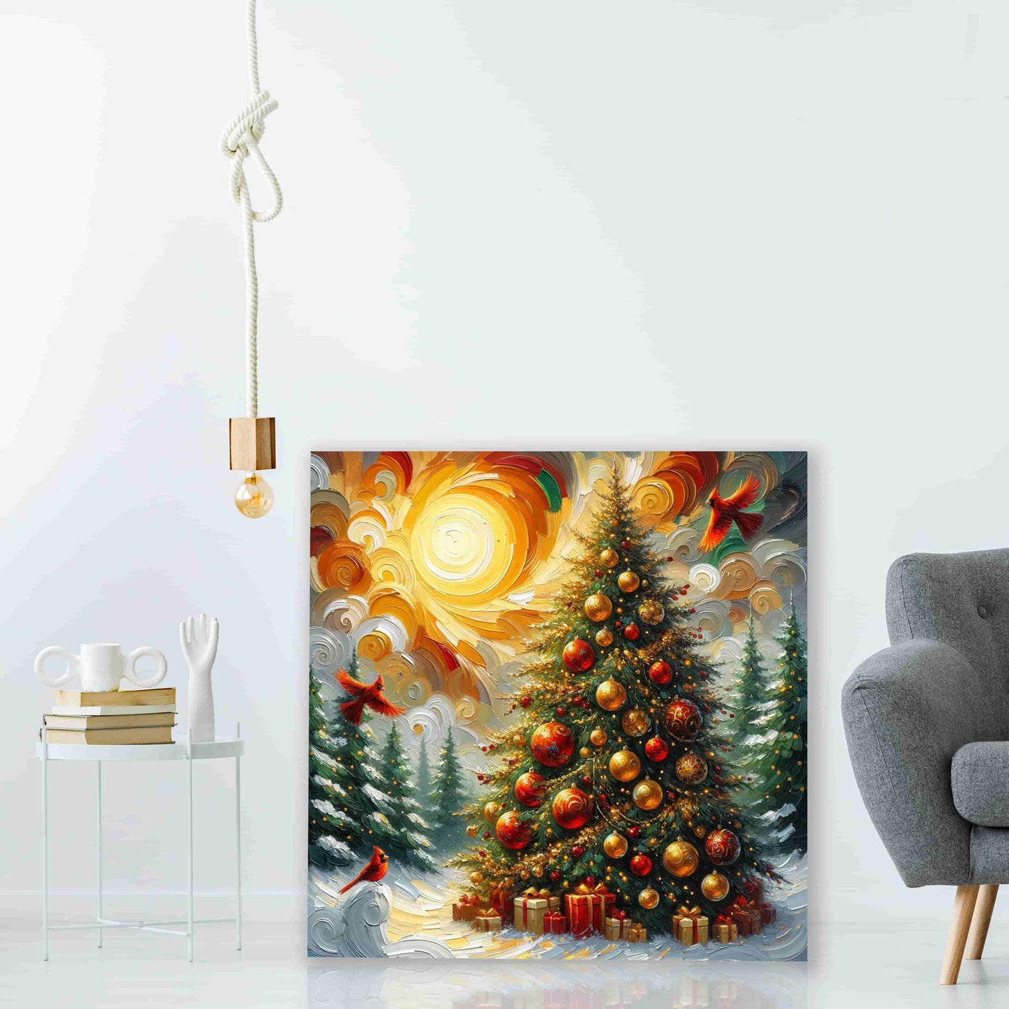 "Radiant Yuletide Morning - Cardinals and Christmas Tree" Wrapped Canvas Wall Art Prints