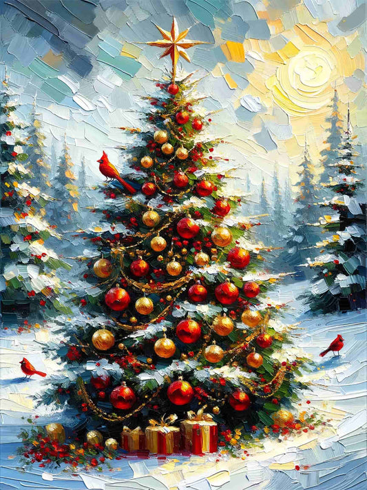 "Sunlit Festive Splendor - Golden Christmas Tree with Cardinals"  Wrapped Canvas Wall Art Prints