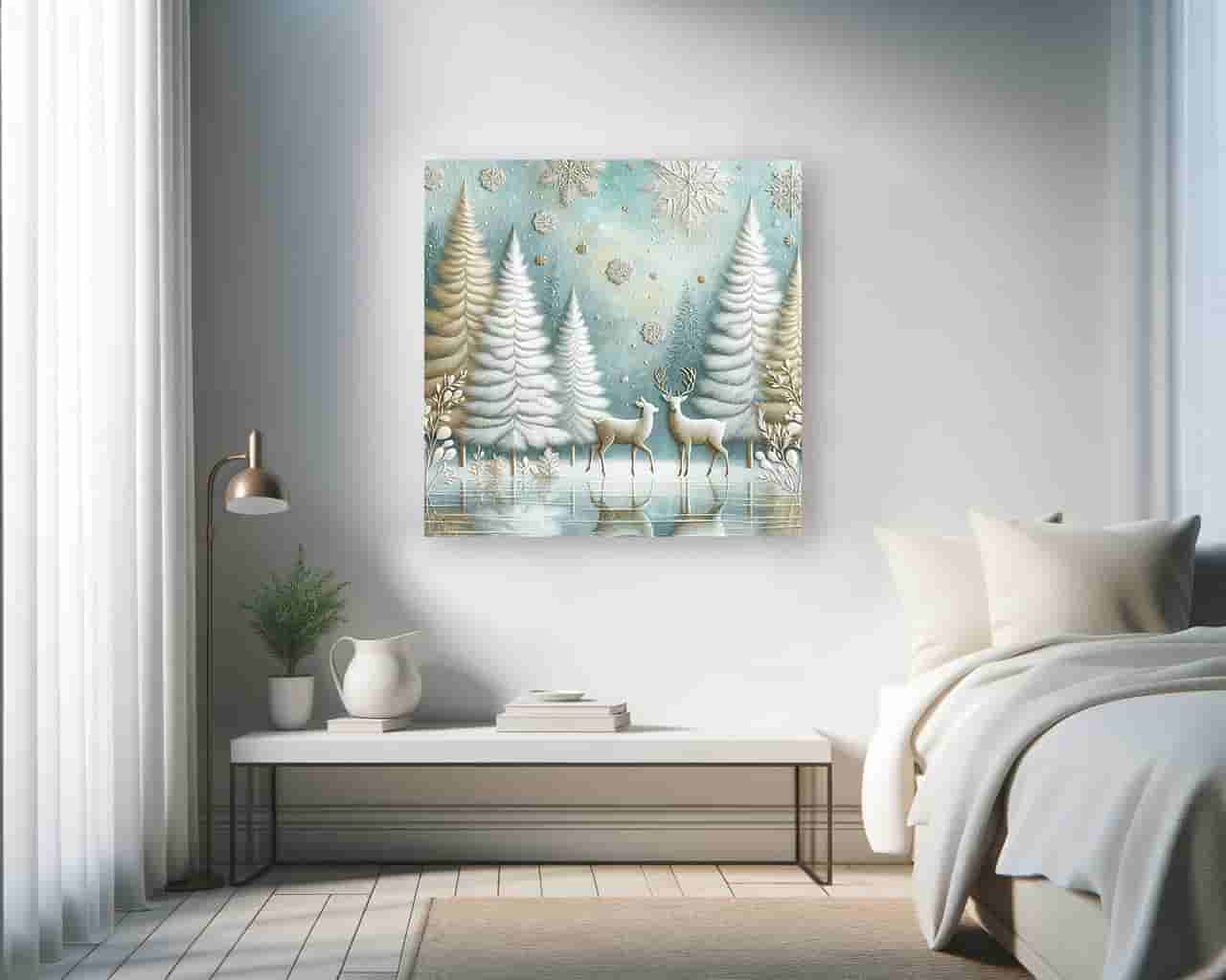 "Enchanted Winter Calm - Snowy Forest with Deer" Wrapped Canvas Wall Art Prints