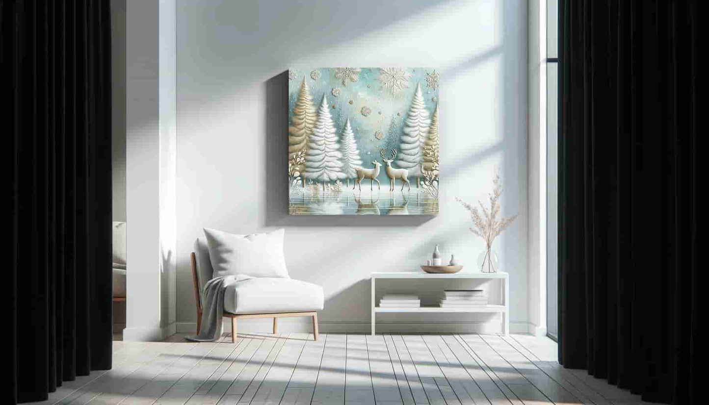 "Enchanted Winter Calm - Snowy Forest with Deer" Wrapped Canvas Wall Art Prints