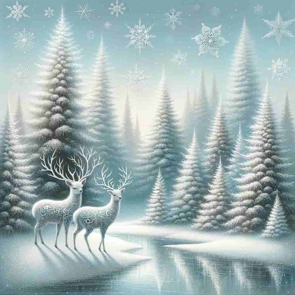 "Silent Forest Whispers - Mystical Deer in Winter Wonderland" Wrapped Canvas Wall Art Prints