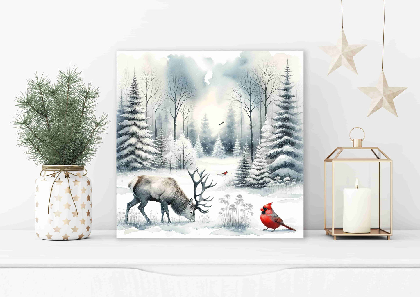 "Tranquil Winter's Grace - Stag and Cardinal in Snowy Solitude" Wrapped Canvas wall Art Prints