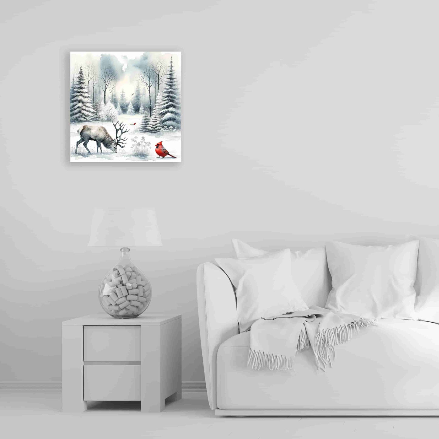 "Tranquil Winter's Grace - Stag and Cardinal in Snowy Solitude" Wrapped Canvas wall Art Prints