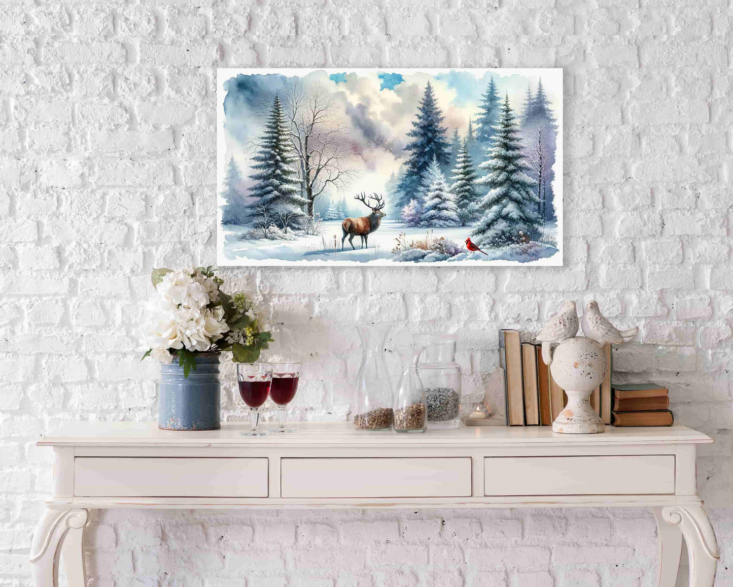 "Whispers of the Winter Wood - Stag and Cardinal in Snowy Serenity" Wrapped Canvas Wall Art Prints