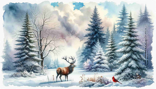 "Whispers of the Winter Wood - Stag and Cardinal in Snowy Serenity" Wrapped Canvas Wall Art Prints