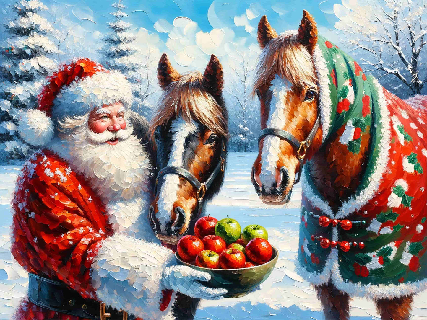"Winter's Gentle Feast - Santa Claus with Festive Horses" Wrapped  Canvas wall Art Prints