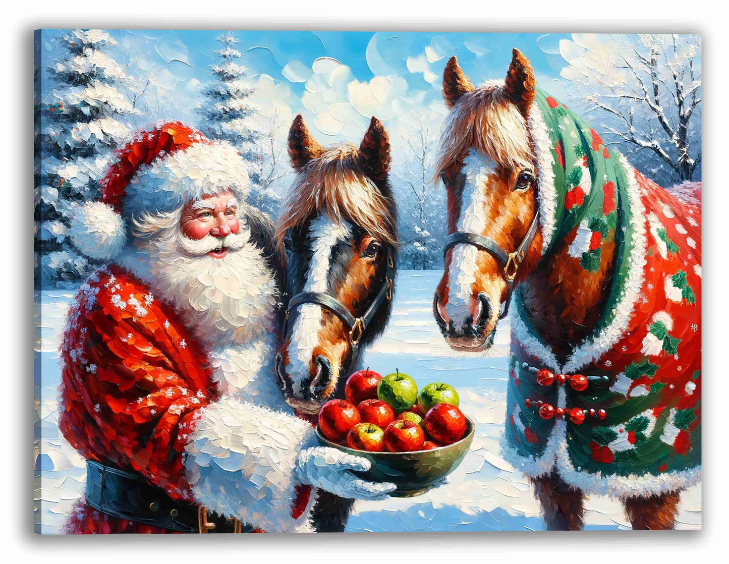 "Winter's Gentle Feast - Santa Claus with Festive Horses" Wrapped Canvas Wall Art Prints