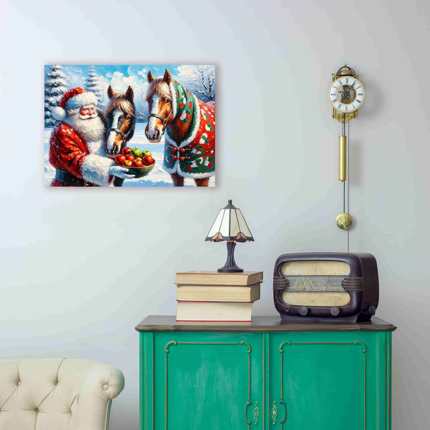 "Winter's Gentle Feast - Santa Claus with Festive Horses" Wrapped Canvas Wall Art Prints