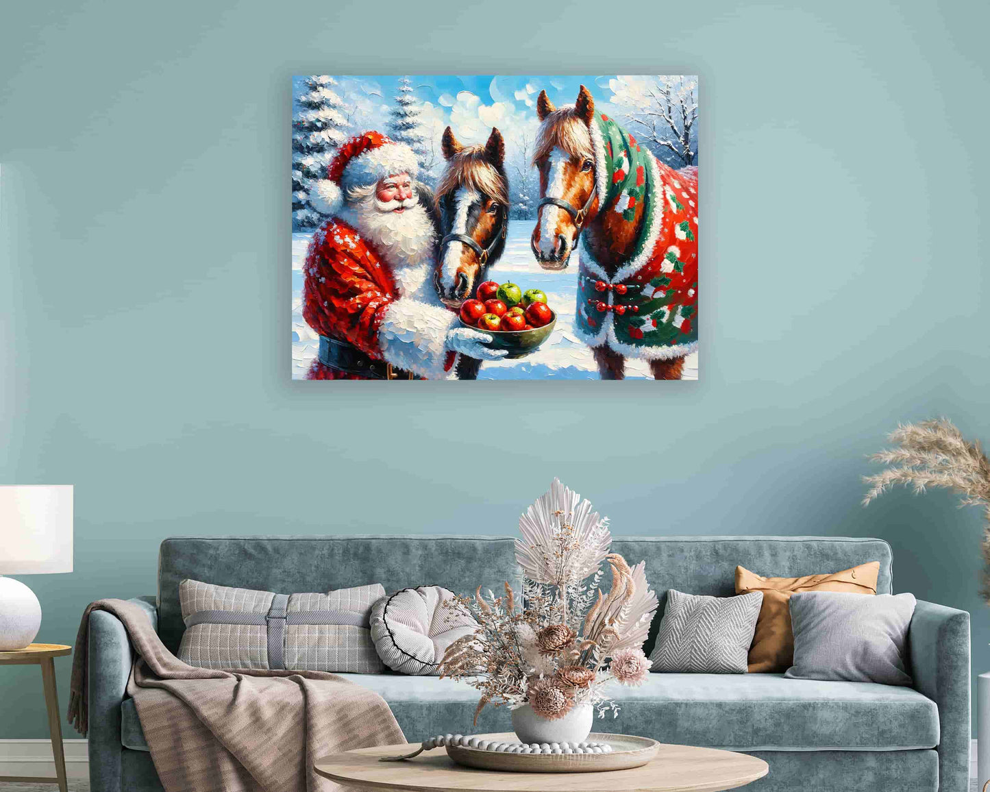 "Winter's Gentle Feast - Santa Claus with Festive Horses" Wrapped Canvas Wall Art Prints