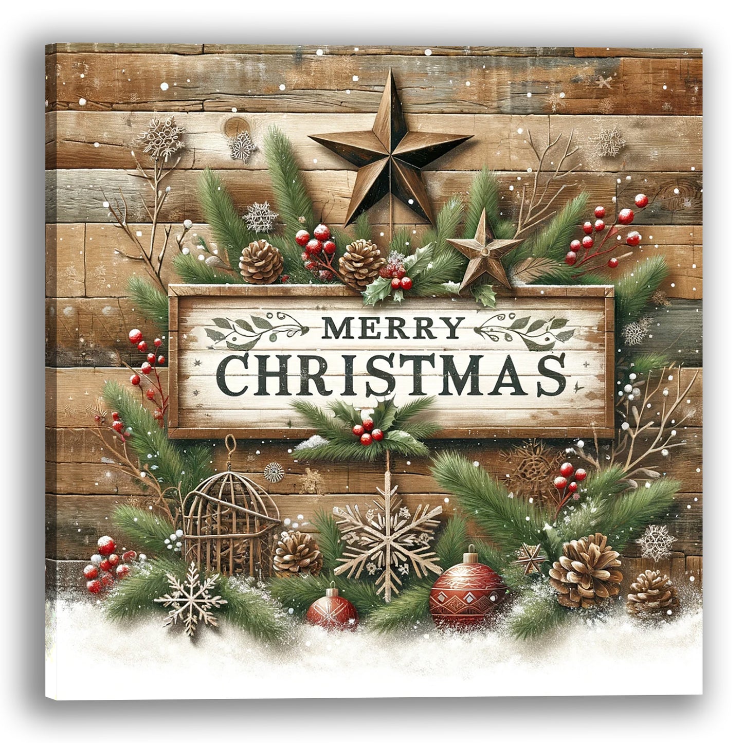 "Rustic Holiday Greetings - Festive Christmas Sign" Wrapped Canvas Art Prints