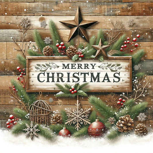 "Rustic Holiday Greetings - Festive Christmas Sign" Wrapped Canvas Art Prints