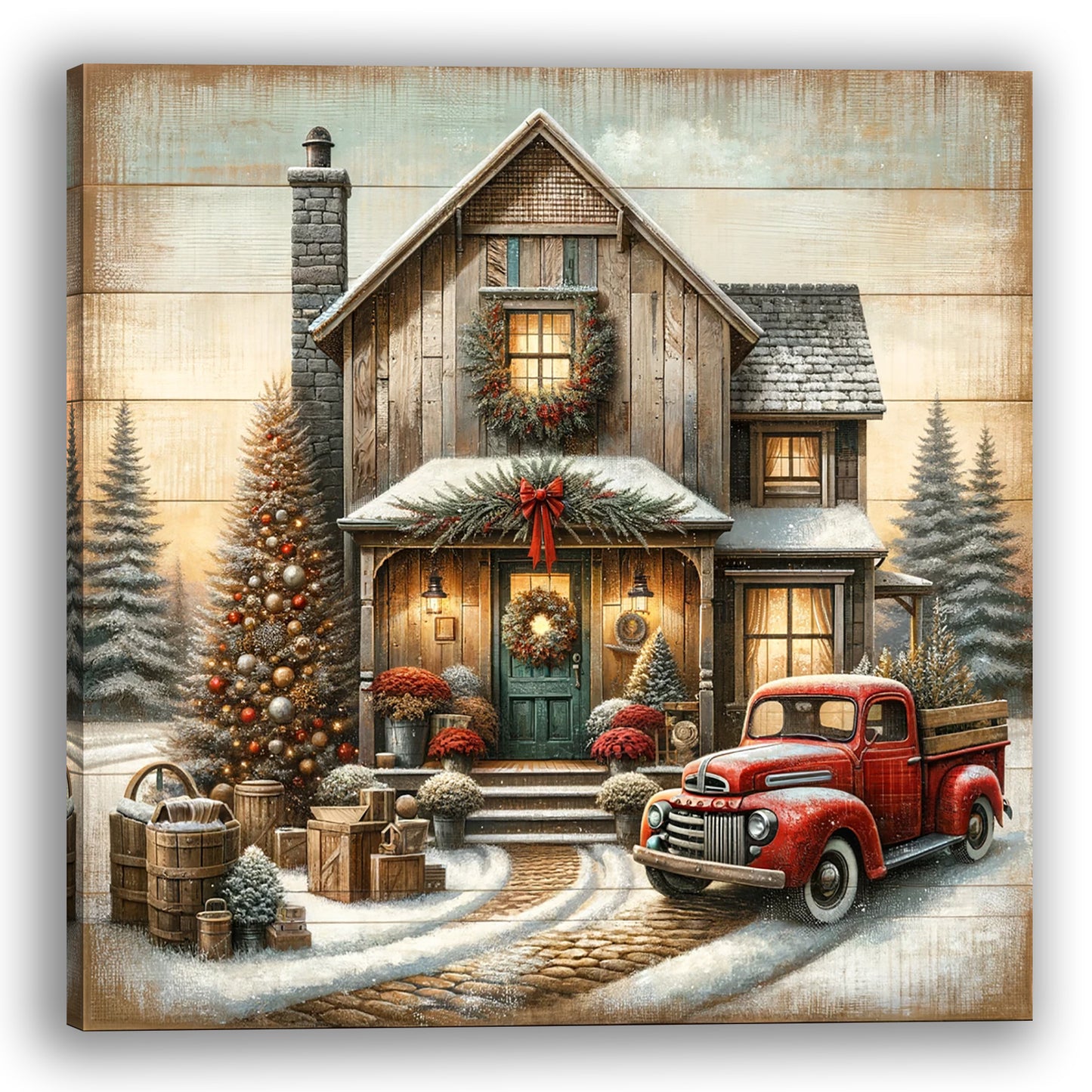 "Home for the Holidays - Vintage Christmas Homestead" Wrapped Canvas Art Prints