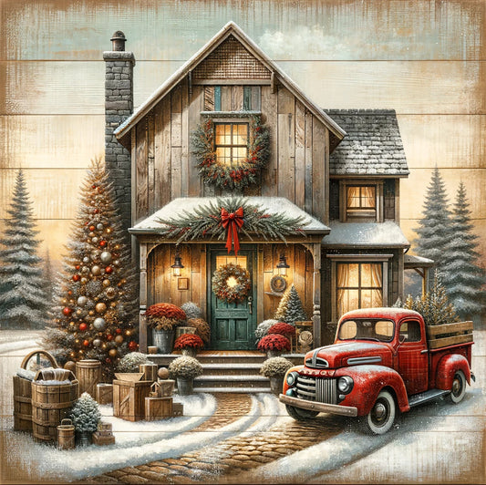 "Home for the Holidays - Vintage Christmas Homestead" Wrapped Canvas Art Prints