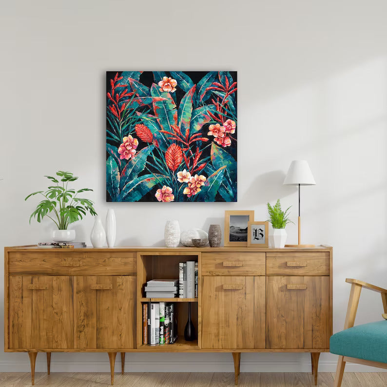 Hand-painted on canvas original, Wall art for living room, bedroom, office "Hawaiian flowers" - Wrapped Canvas Painting