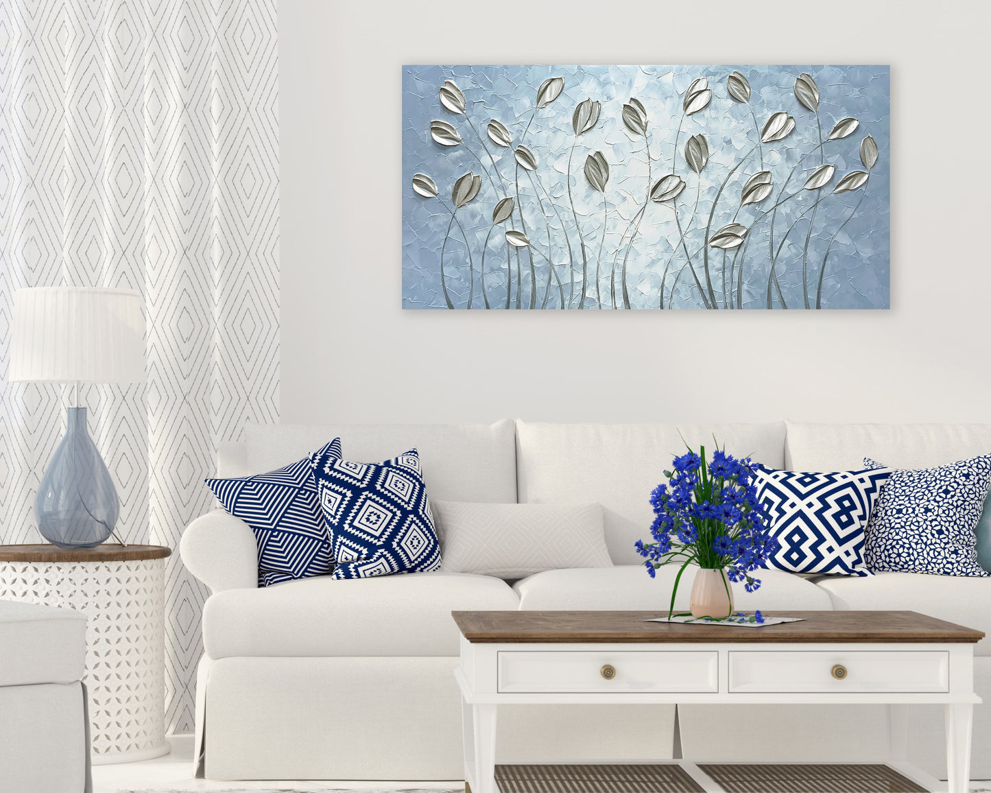 Hand-painted modern art "Silver Serenity" Wrapped Canvas Wall Art for Home Decor