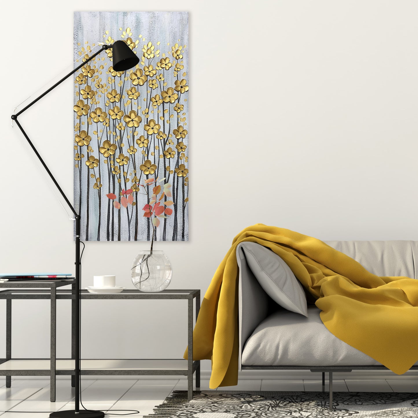 Abstract Art "Aureate Blooms" Hand-painted on Wrapped Canvas for Home Decor