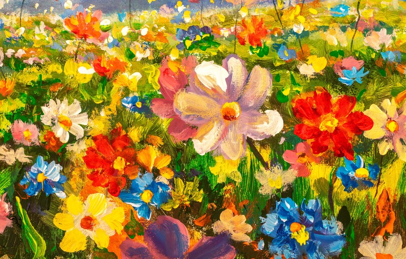 Hand Painted "Colorful blooming wildflowers" Oil painting, Spring Landscape modern art Canvas Wall Art - Wrapped Canvas Painting