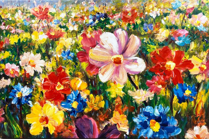 Hand Painted "Colorful blooming wildflowers" Oil painting, Spring Landscape modern art Canvas Wall Art - Wrapped Canvas Painting
