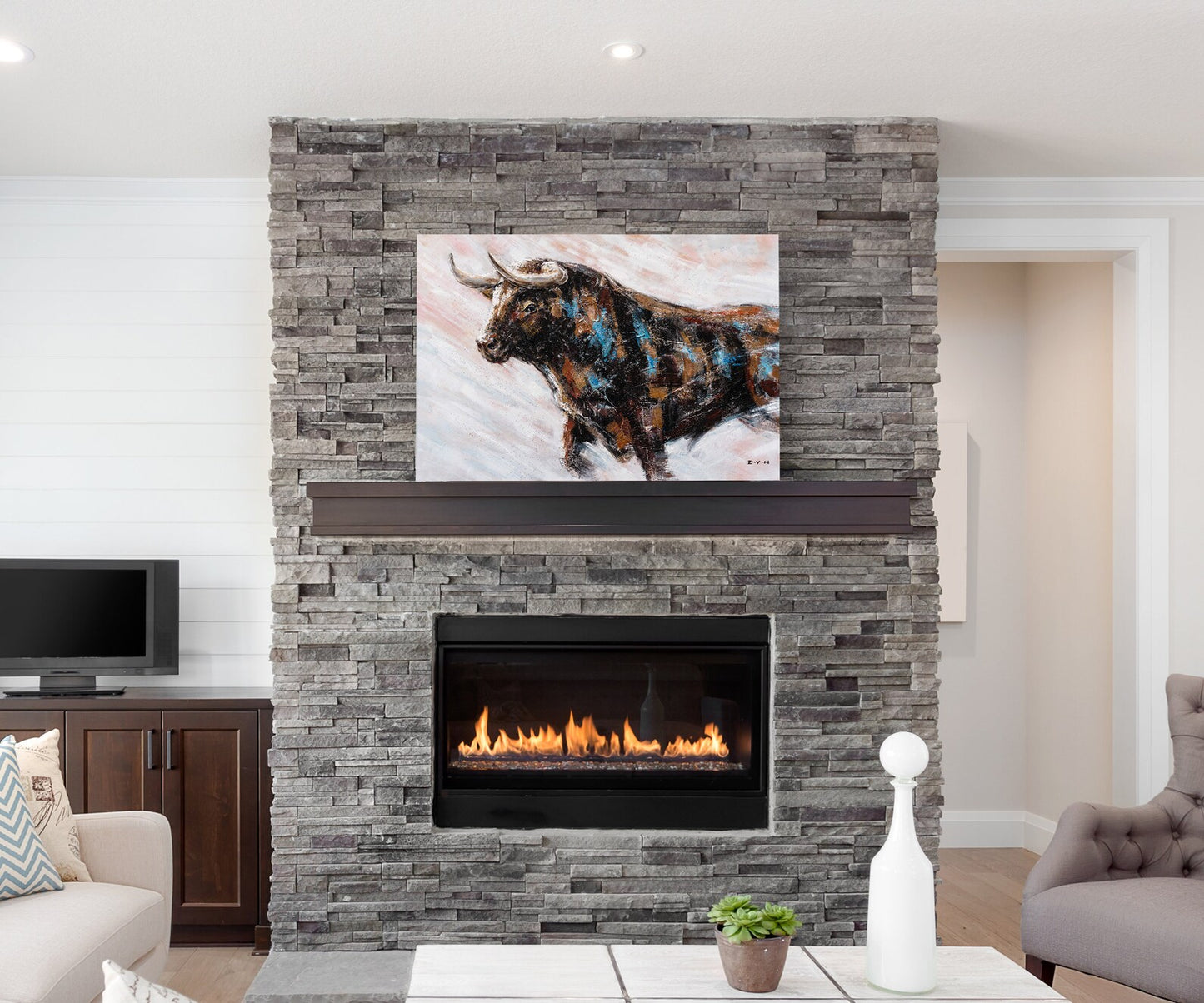 Hand Painted Art "Proud OX" Painting on canvas original, Canvas Wall Art for living room,bedroom,Office - Wrapped Canvas Painting