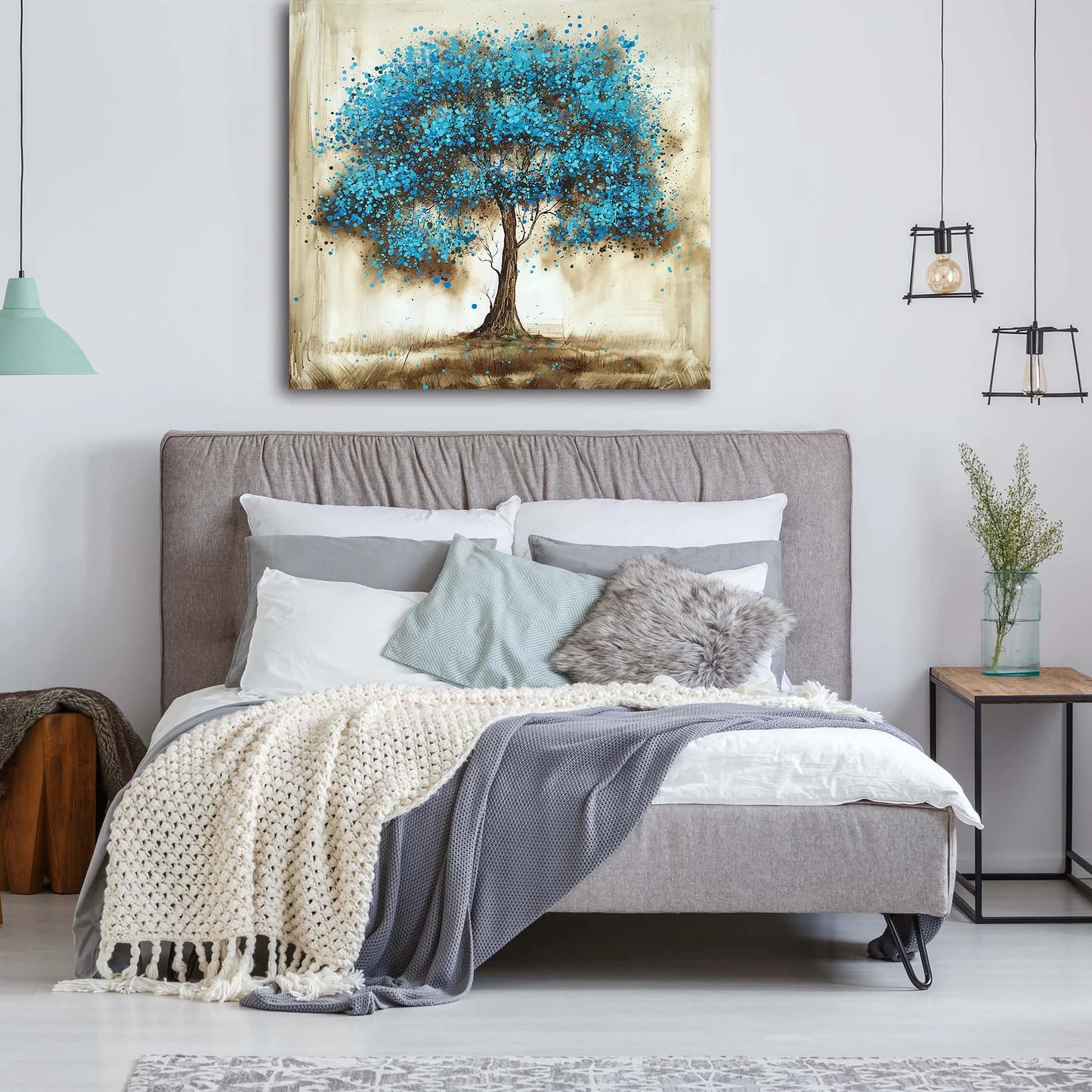 Hand-painted Art "Blue tree in Memory" Oil painting original, Wall art for living room, bedroom, Office, Bar - Wrapped Canvas Painting