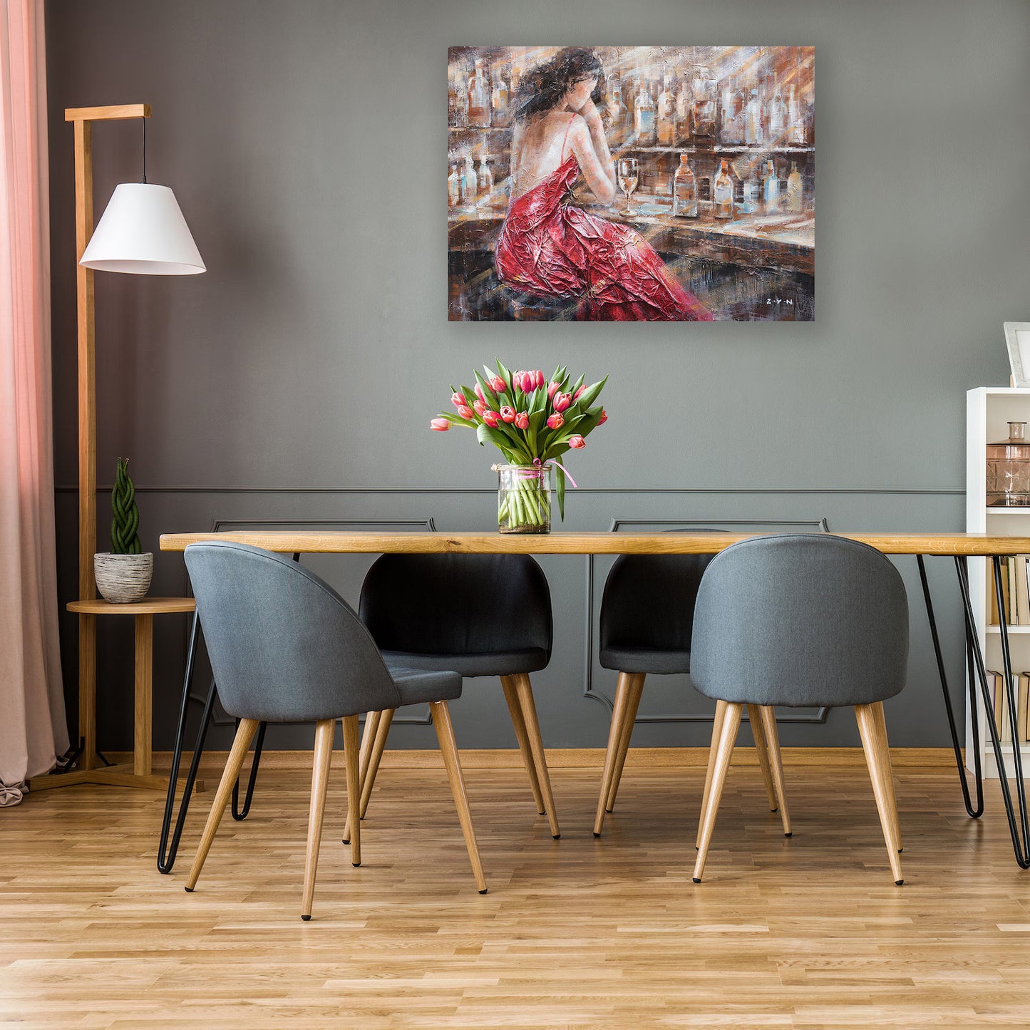 Hand-Painted Original Oil Painting: 'Lady at the Bar Counter' - Canvas Wall Art for Home Decor