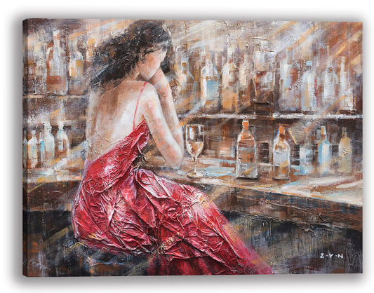 Hand-Painted Original Oil Painting: 'Lady at the Bar Counter' - Canvas Wall Art for Home Decor