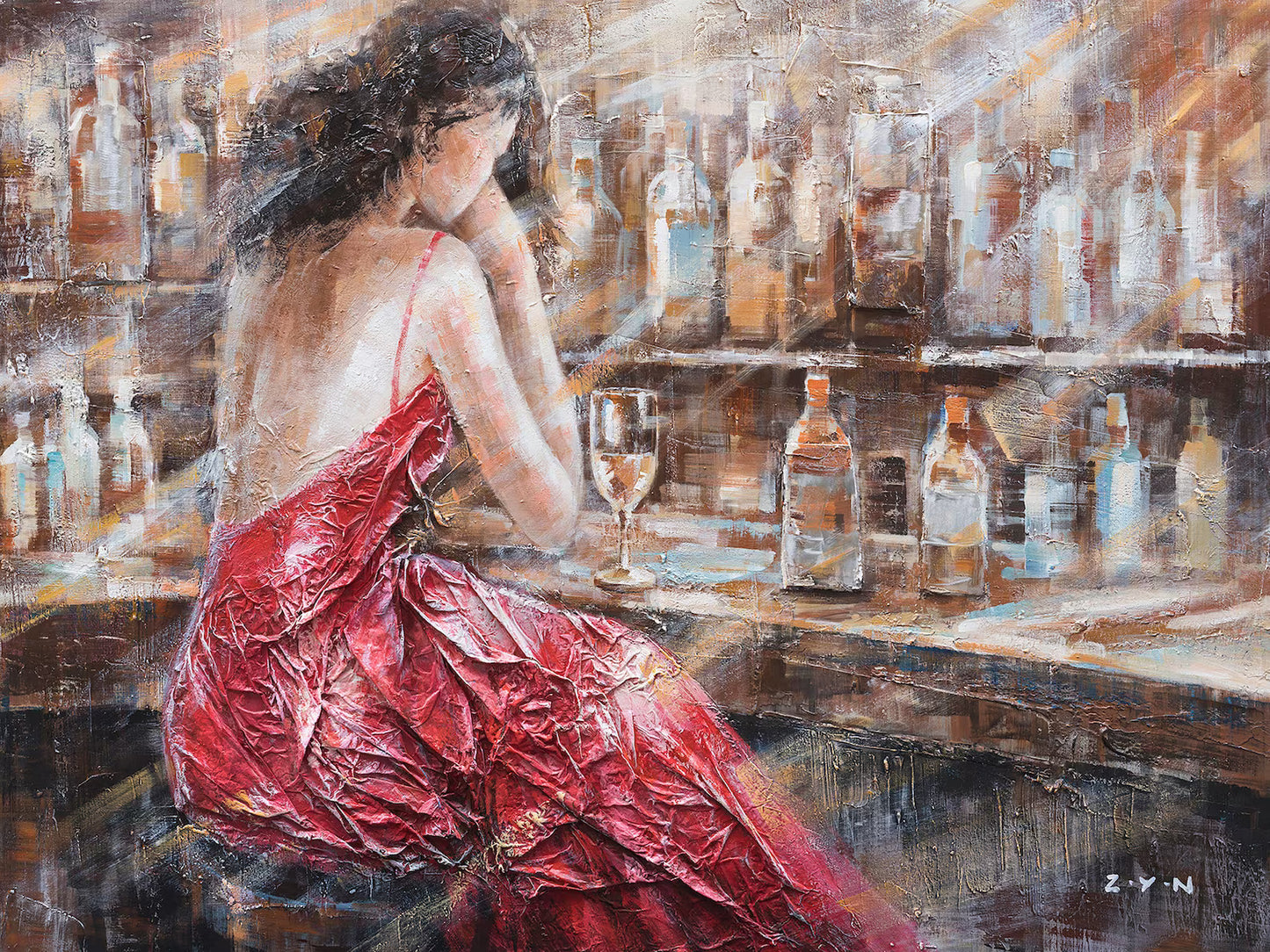 Hand-Painted Original Oil Painting: 'Lady at the Bar Counter' - Canvas Wall Art for Home Decor