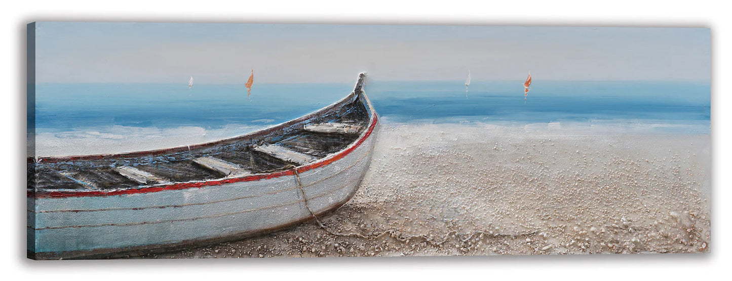 Hand Painted "Long boat on the beach" painting original, Wall Art for living room, bedroom, entryway, office - Wrapped Canvas Painting