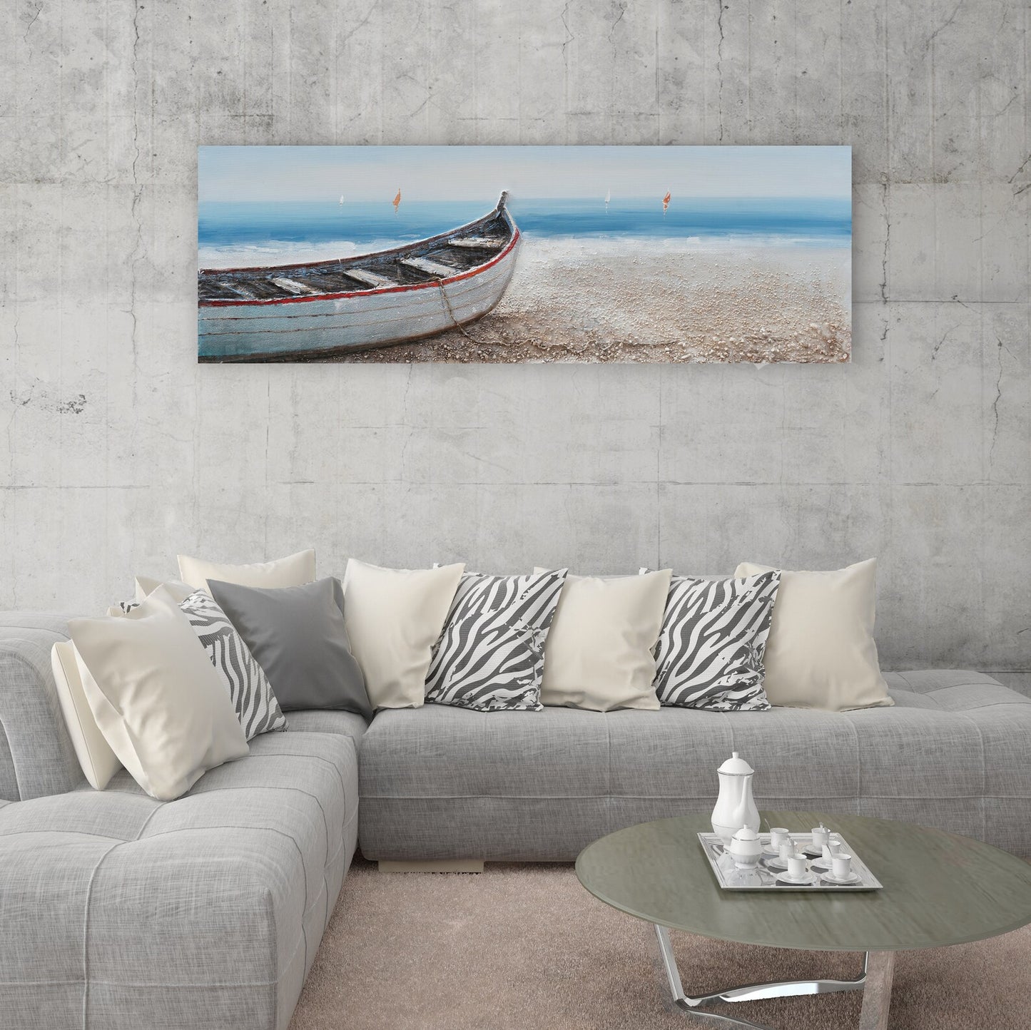 Hand Painted "Long boat on the beach" painting original, Wall Art for living room, bedroom, entryway, office - Wrapped Canvas Painting