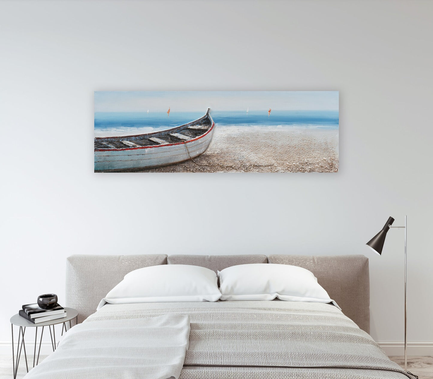 Hand Painted "Long boat on the beach" painting original, Wall Art for living room, bedroom, entryway, office - Wrapped Canvas Painting