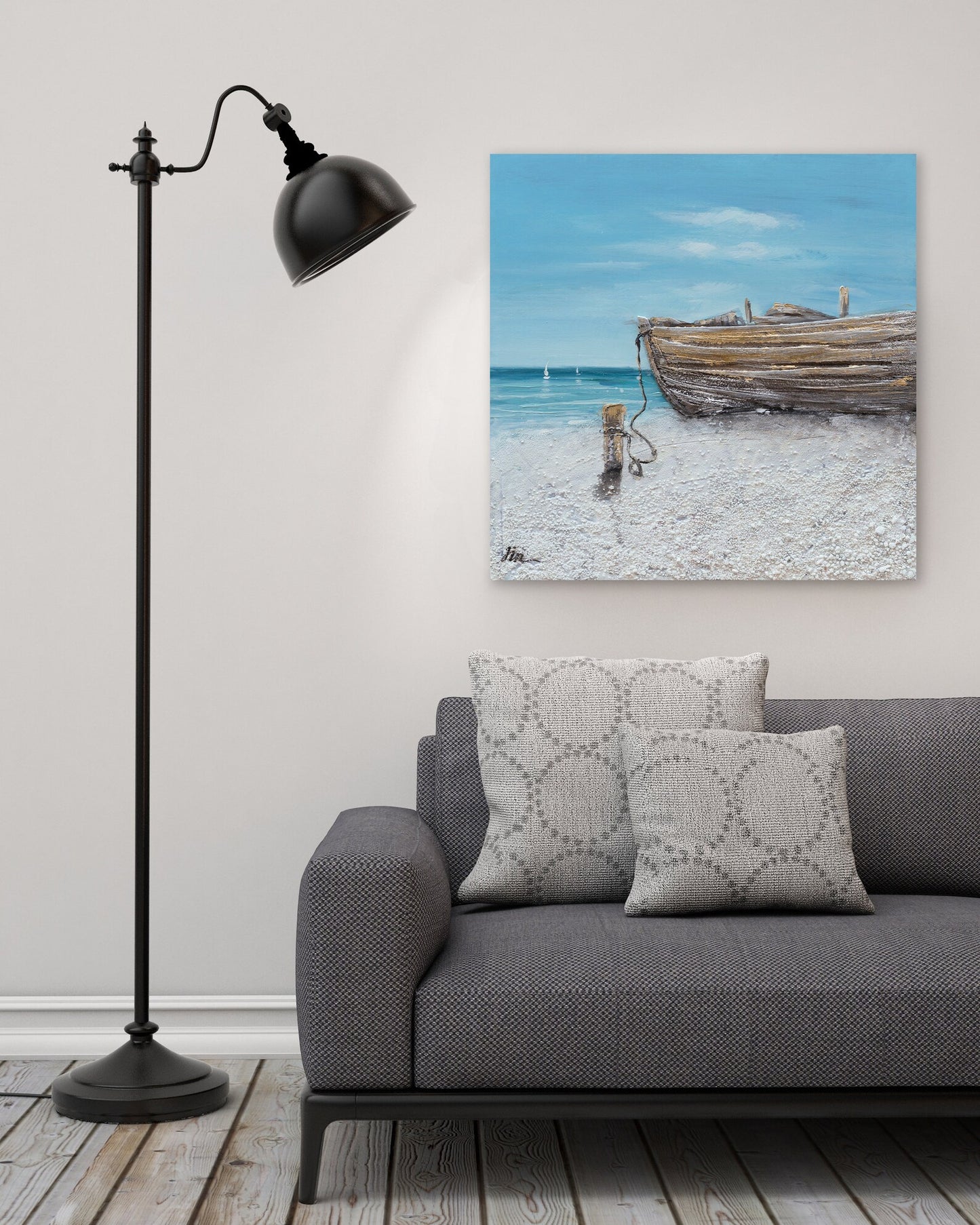 Hand Painted Art "Boat on the calm beach " oil painting on canvas original, Coastal ocean Canvas Art - Wrapped Canvas Painting