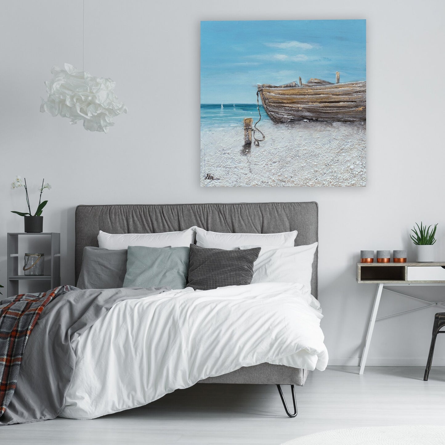 Hand Painted Art "Boat on the calm beach " oil painting on canvas original, Coastal ocean Canvas Art - Wrapped Canvas Painting