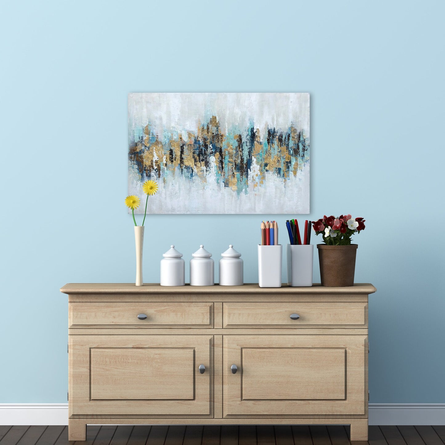Hand-painted "Abstract Golden and Blue" Painting original art, Canvas Wall art for living room, bedroom, office - Wrapped Canvas Painting