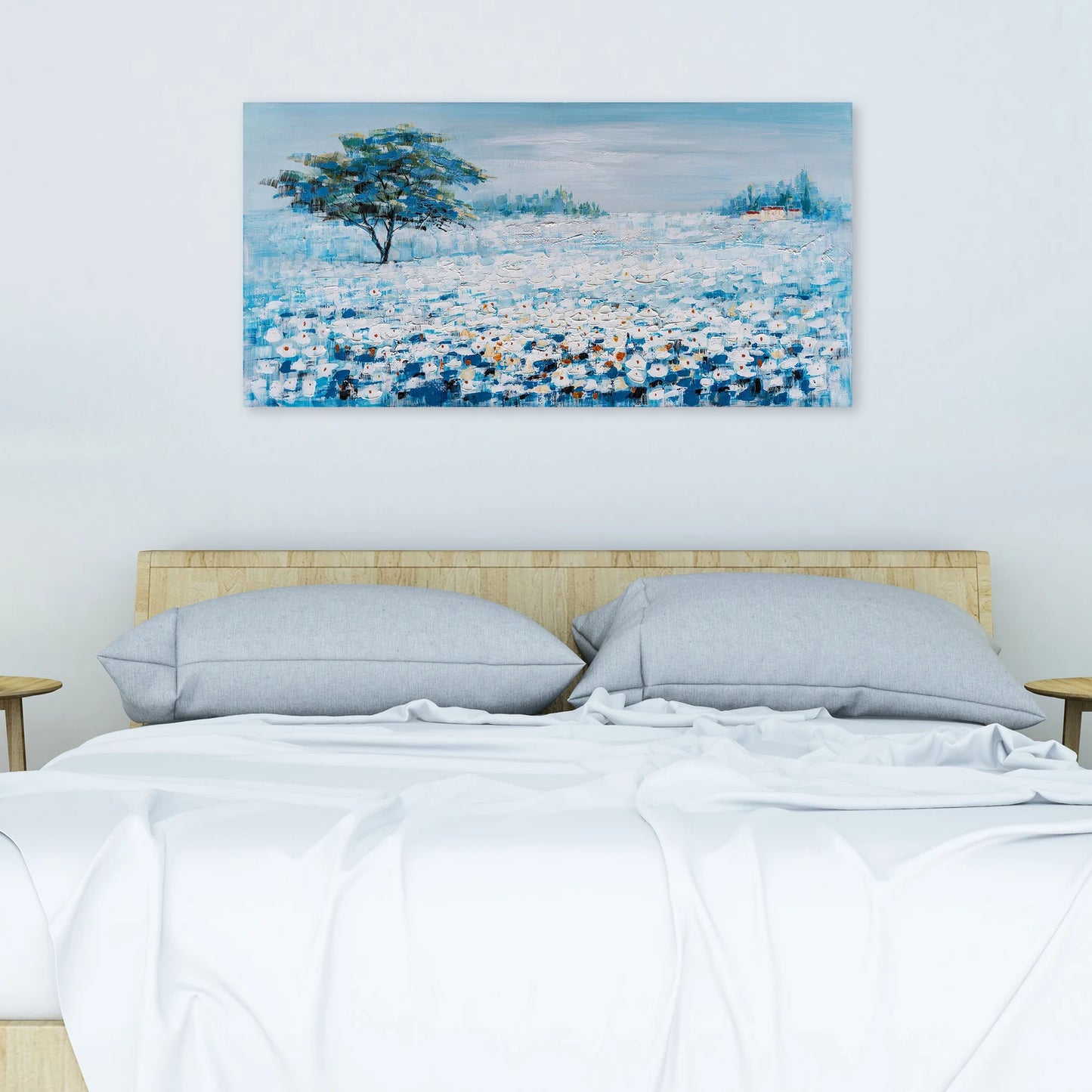 Hand-painted Art "Blue Flowers Landscape" Oil painting original, Canvas Wall art for living room, bedroom, office - Wrapped Canvas Painting