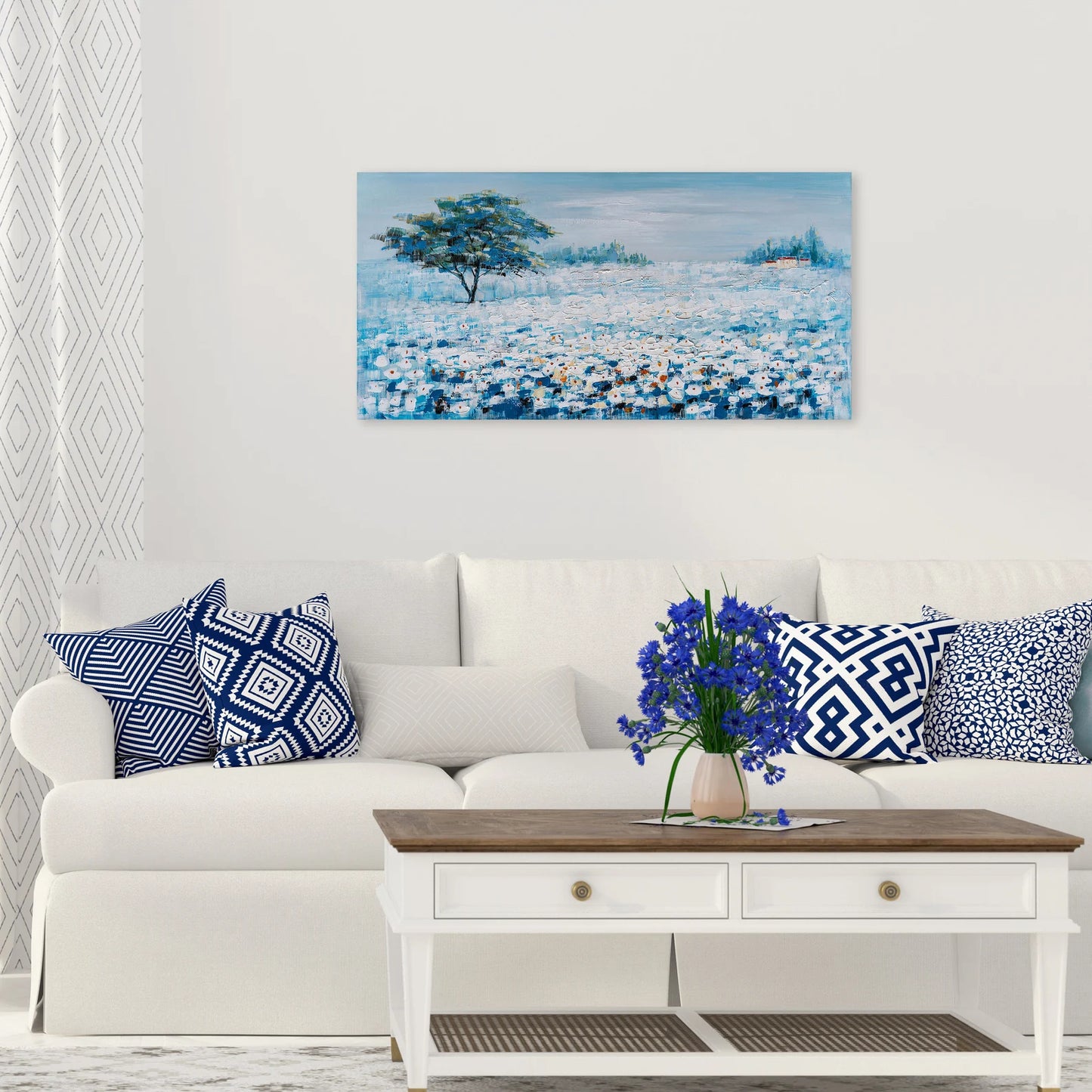 Hand-painted Art "Blue Flowers Landscape" Oil painting original, Canvas Wall art for living room, bedroom, office - Wrapped Canvas Painting