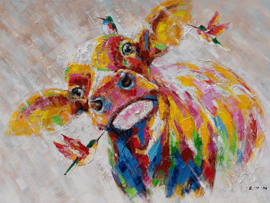 Hand Painted "Colorful Cow" painting on canvas original Art, canvas Wall art for living room,bedroom,office - Wrapped Canvas Painting