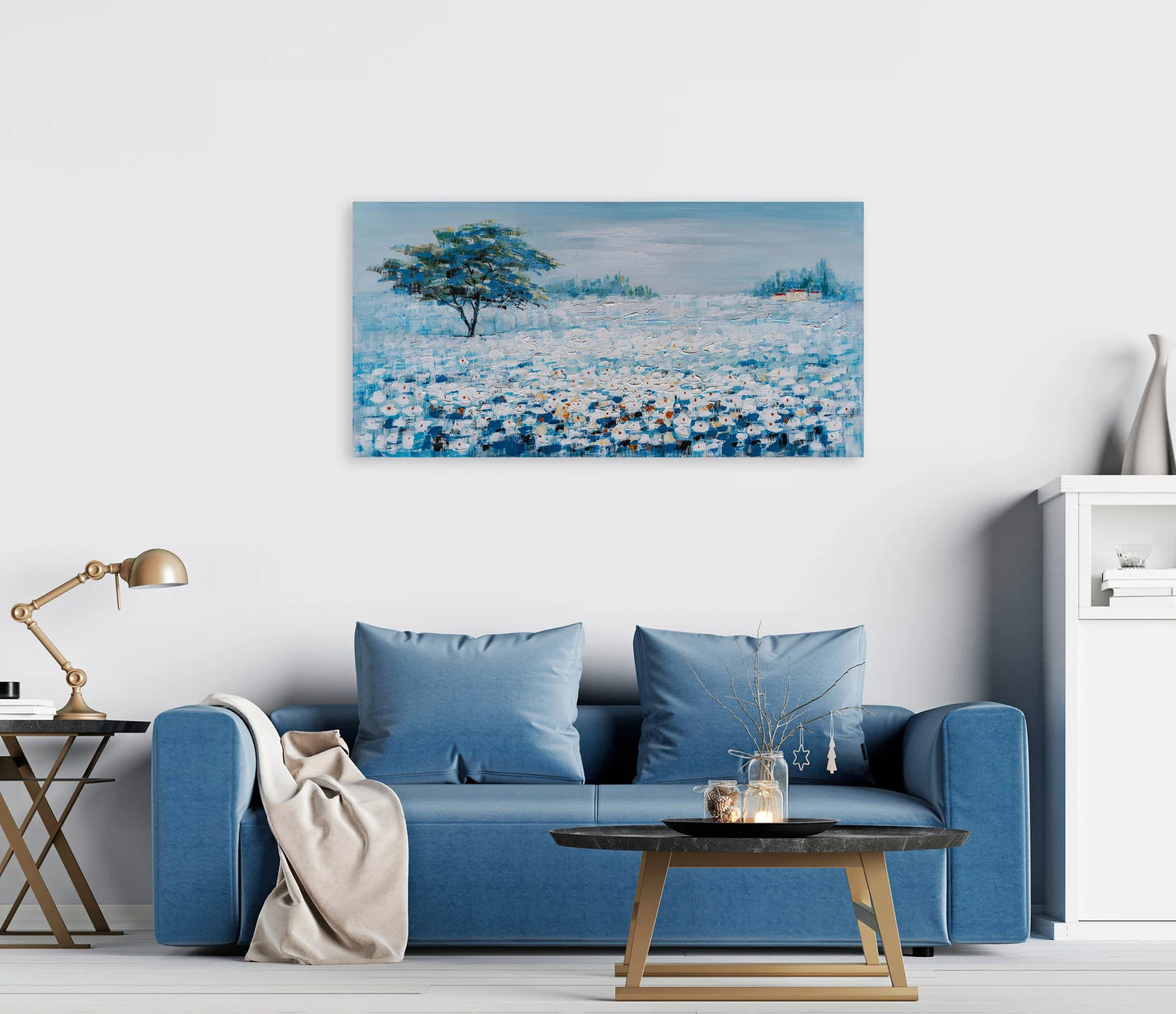 Hand-painted Art "Blue Flowers Landscape" Oil painting original, Canvas Wall art for living room, bedroom, office - Wrapped Canvas Painting