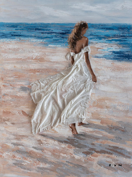 Gallery Art "Barefoot Girl on the Beach" Original Oil Paintings, Wall art for living room, bedroom - Wrapped Canvas Painting