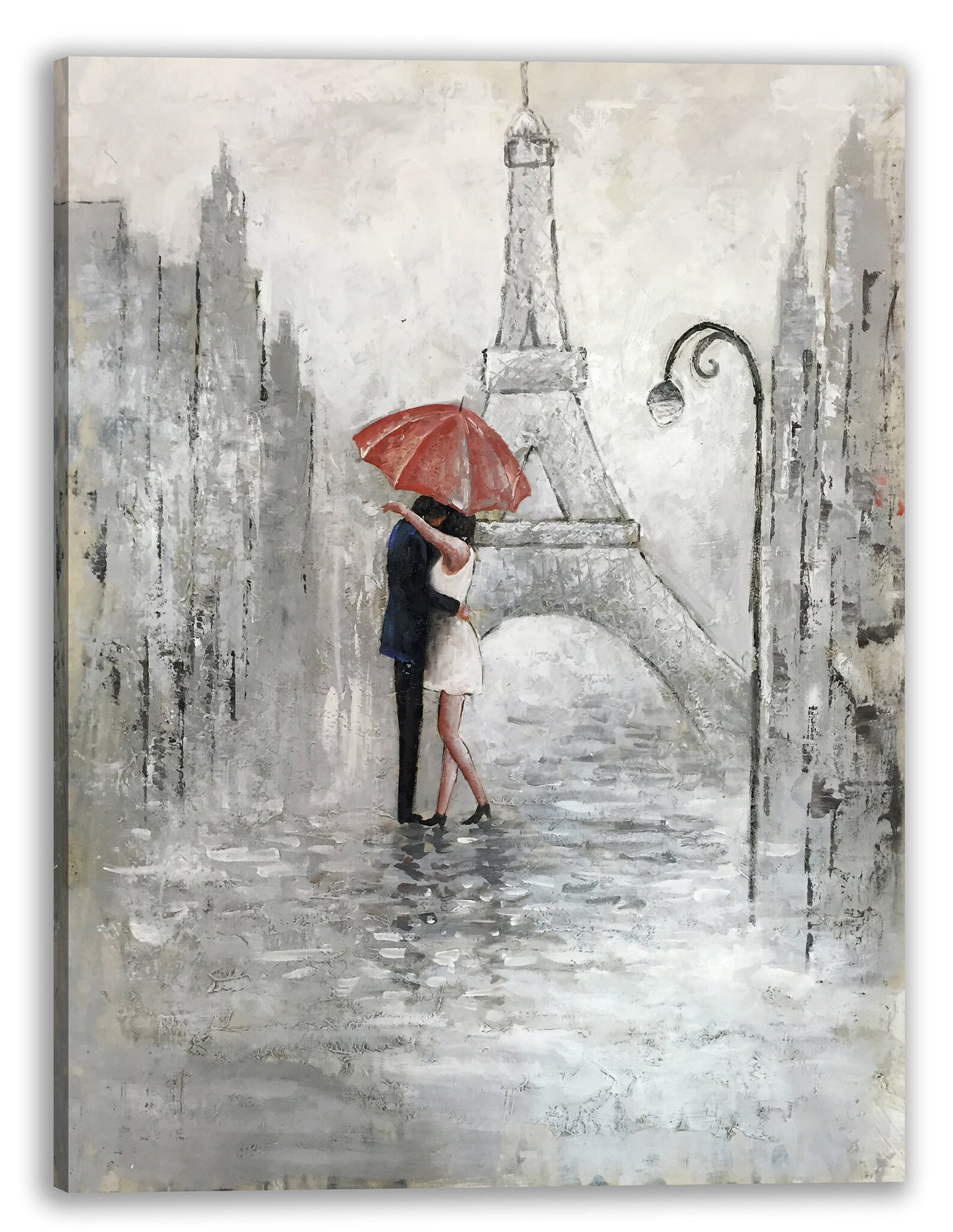 Abstract Hand Painted Oil Painting "Romantic Couple Under the Eiffel Tower" Canvas Wall Art for Living Room, Bedroom - Wrapped Canvas Art