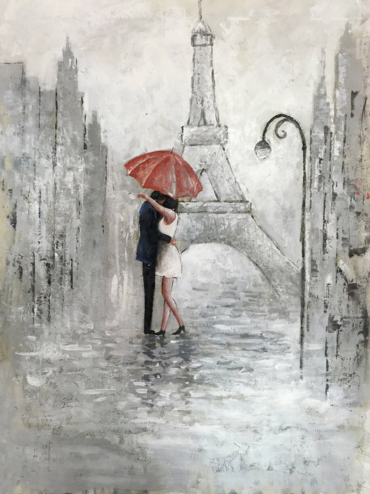 Abstract Hand Painted Oil Painting "Romantic Couple Under the Eiffel Tower" Canvas Wall Art for Living Room, Bedroom - Wrapped Canvas Art