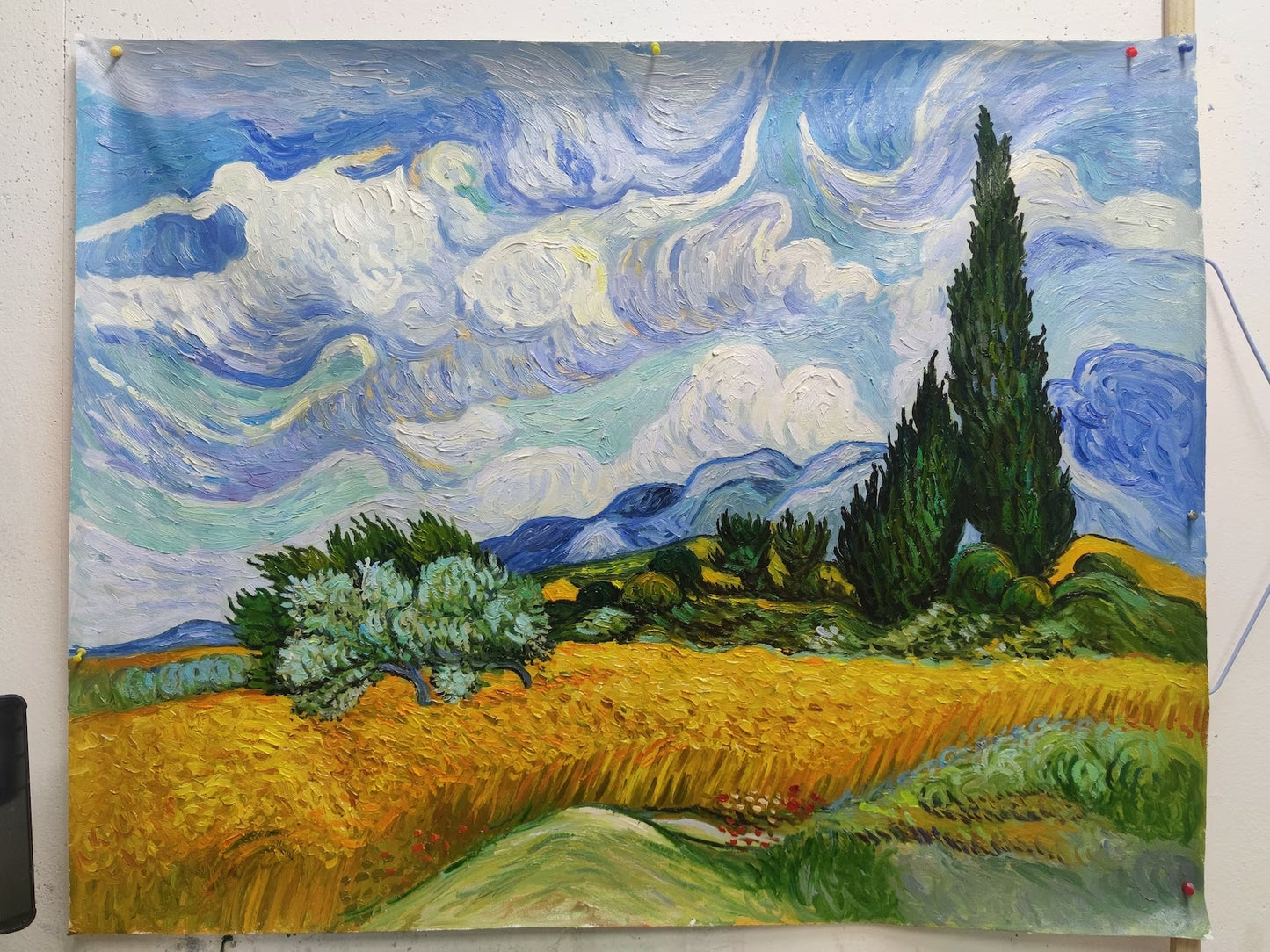 Abstract art "Wheat Field with Cypresses" by Vincent Van Gogh, Hand-painted high quality reproduction of - Wrapped Canvas Painting