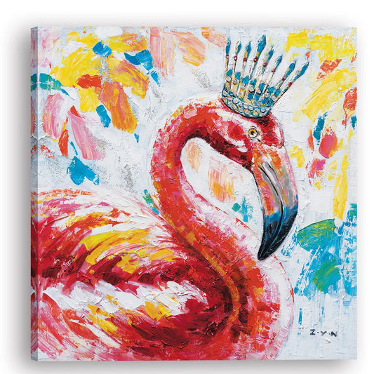Original Art "Regal Flamingo" - Vibrant Crowned Bird Impasto Painting, Whimsical Wildlife Art, Colorful Tropical Decor Canvas