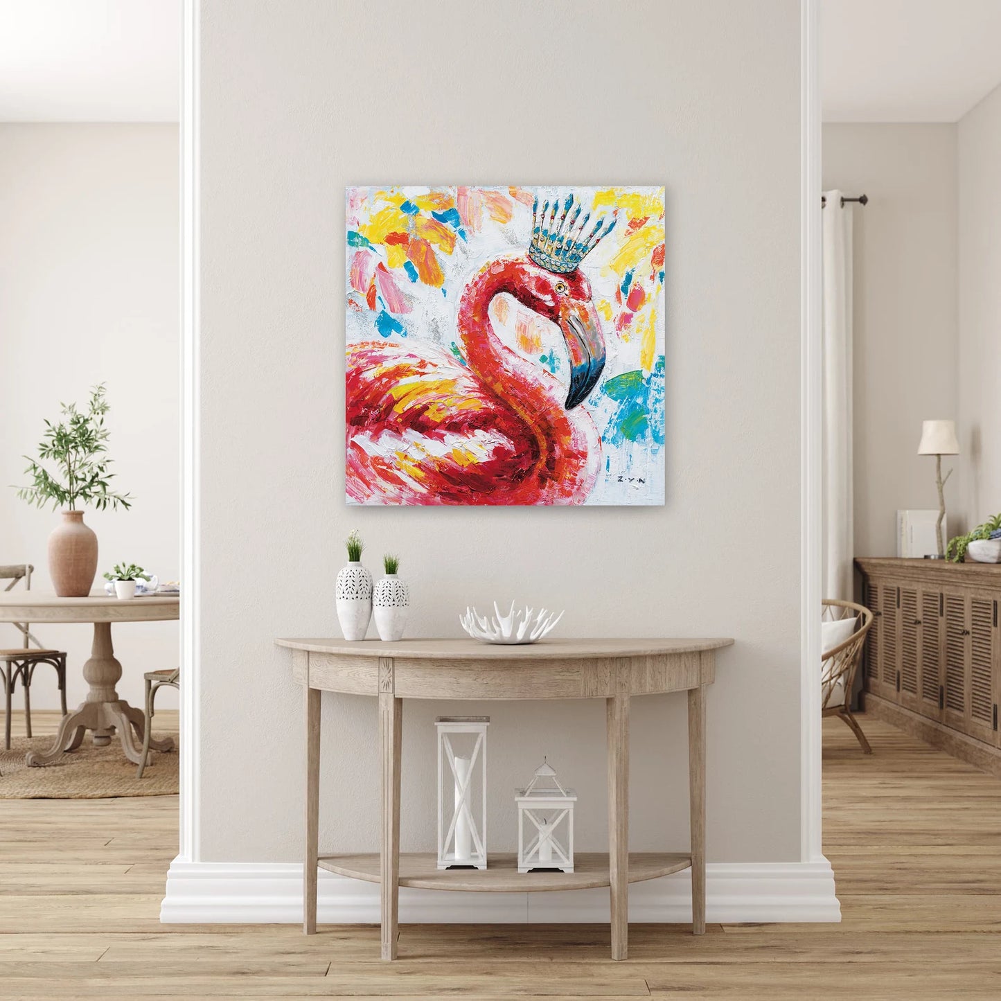 Original Art "Regal Flamingo" - Vibrant Crowned Bird Impasto Painting, Whimsical Wildlife Art, Colorful Tropical Decor Canvas